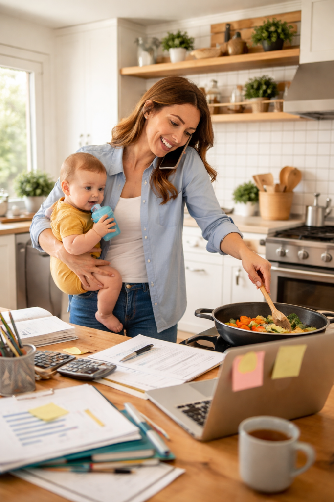 A woman multitasks in a bright kitchen, holding a baby while cooking vegetables in a pan, talking on the phone, and working on a laptop surrounded by papers and office supplies.