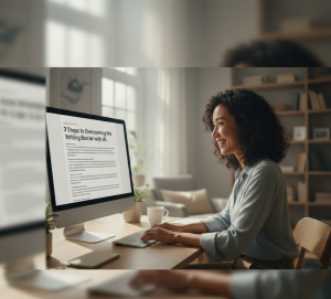 A woman working on a blog post titled '3 Steps to Overcoming the Writing Barrier with AI' in a bright, modern office setting. She looks happy and focused, representing a victory over writer's block.