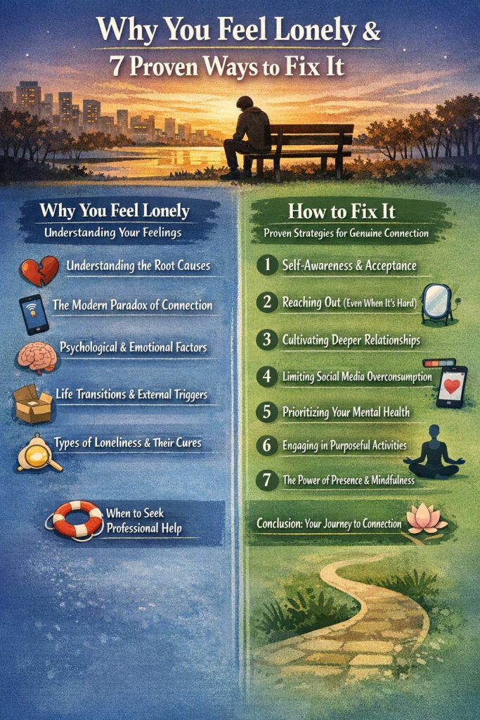 Why You Feel Lonely & 7 Proven Ways to Fix It” showing causes of loneliness such as emotional factors, life transitions, and social disconnection, alongside solutions like self-awareness, reaching out, building relationships, limiting social media, mental health care, purposeful activities, and mindfulness.